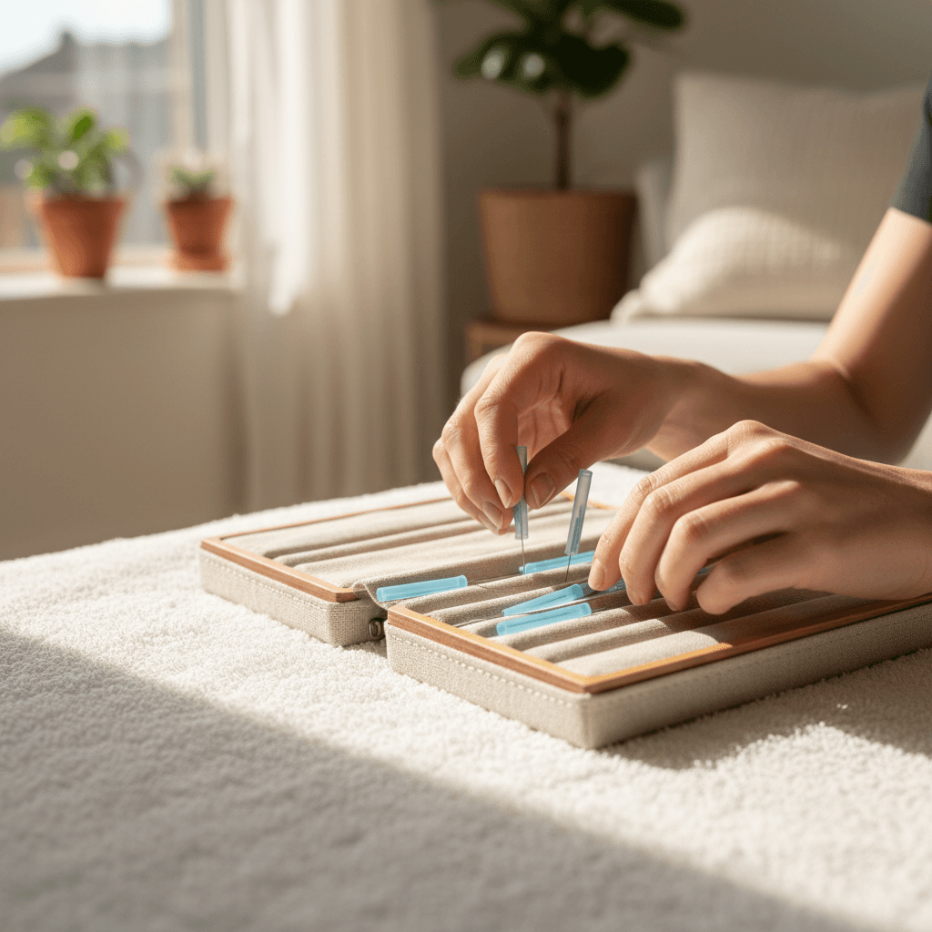 Acupuncturist preparing needles for a mobile session in a home living room