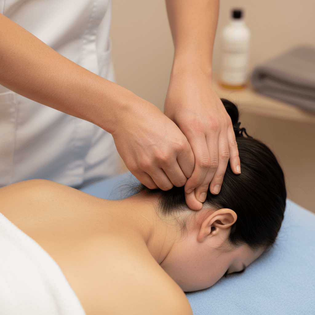 Therapist treating suboccipital muscles for migraine relief