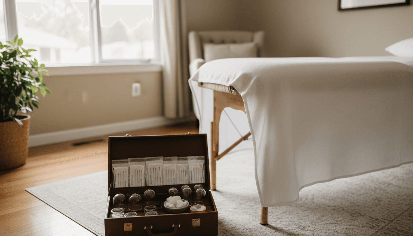 Mobile acupuncture treatment setup in a Fort Collins home with natural light