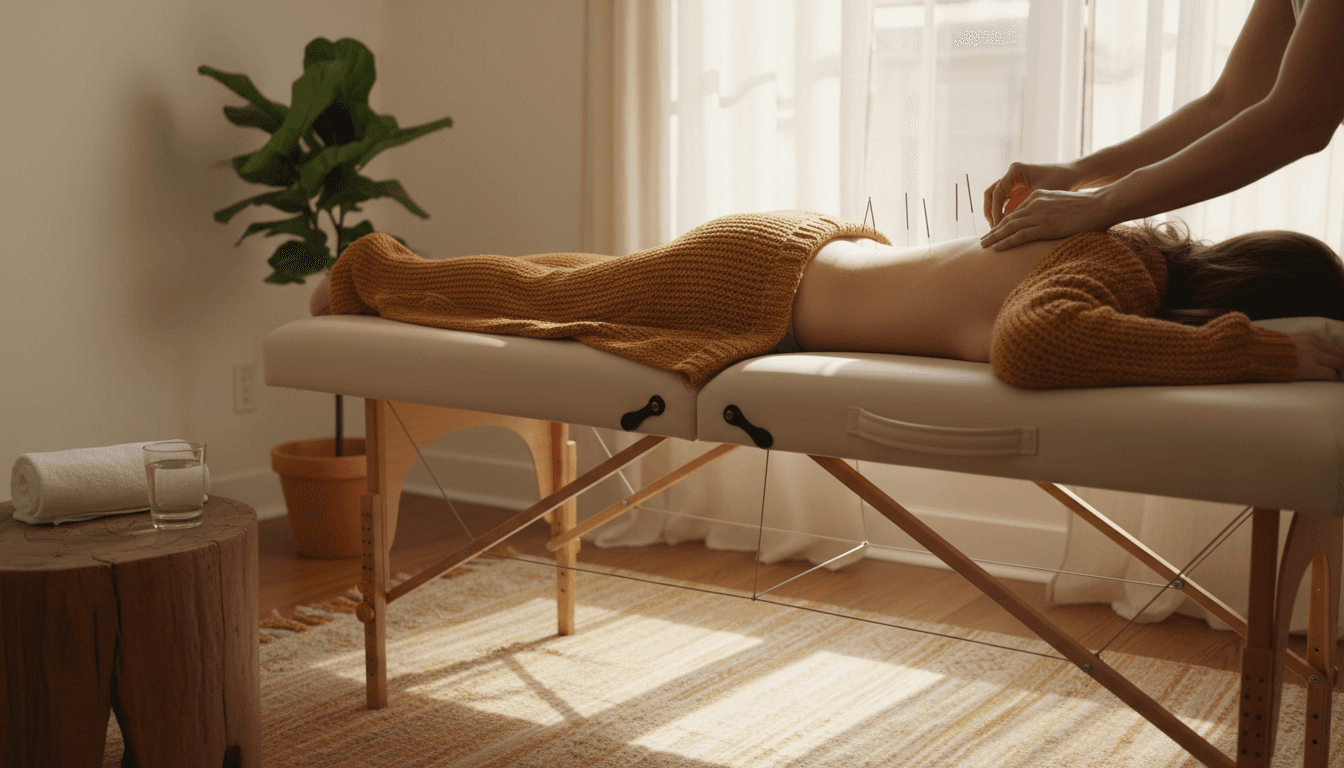 Acupuncture treatment being administered in a comfortable home setting in Berthoud, CO