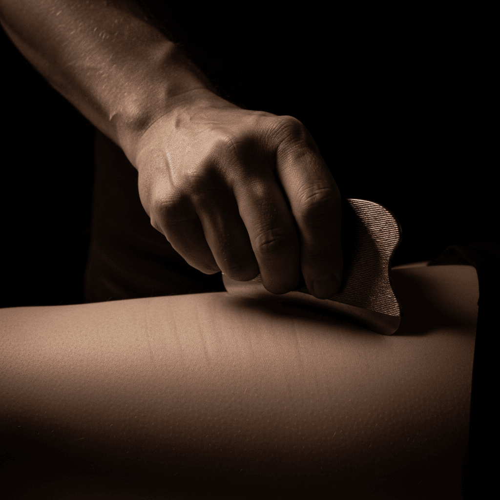 Gua sha scraping tool on hamstring muscle