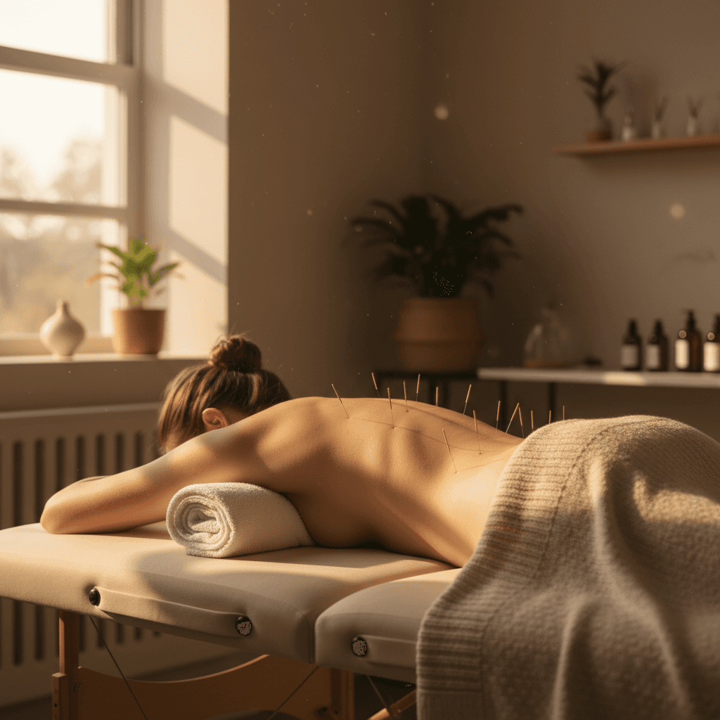 Patient receiving acupuncture for lower back injury recovery in home setting
