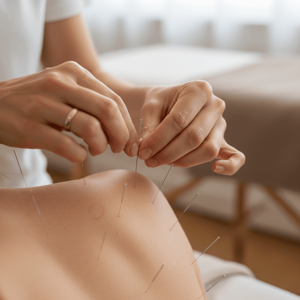 Close-up of an acupuncturist's hands inserting a needle into a shoulder muscle