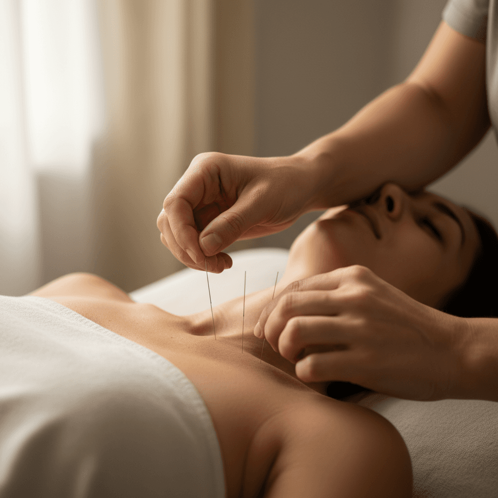 Acupuncturist palpating muscle tissue to locate stagnation point