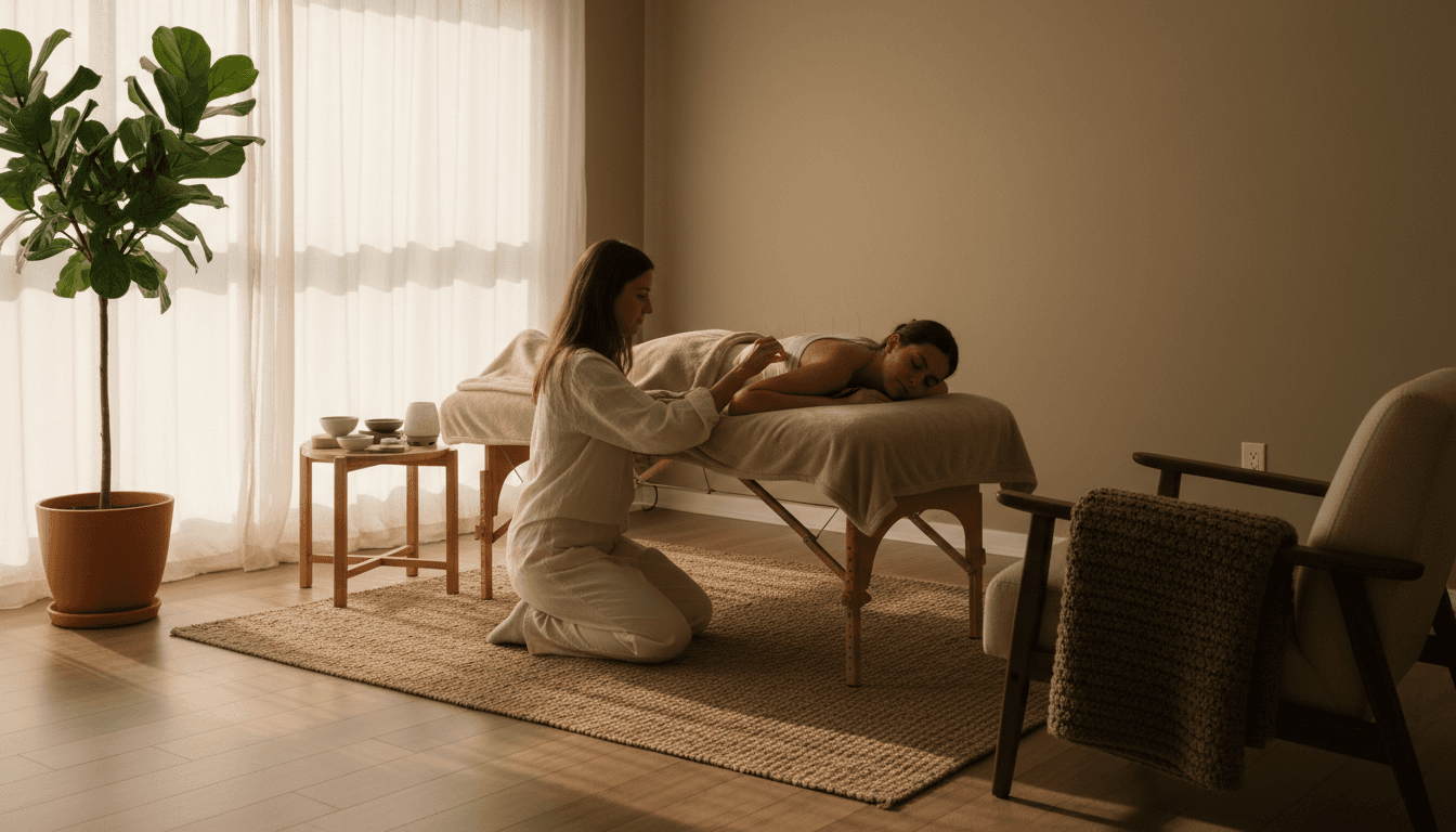 Mobile acupuncture session set up in a cozy living room with natural light and a plant