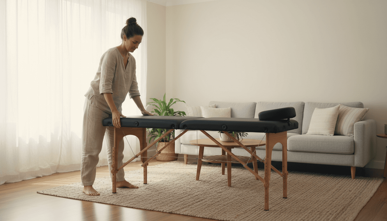 acupuncturist setting up a portable treatment table in a bright living room