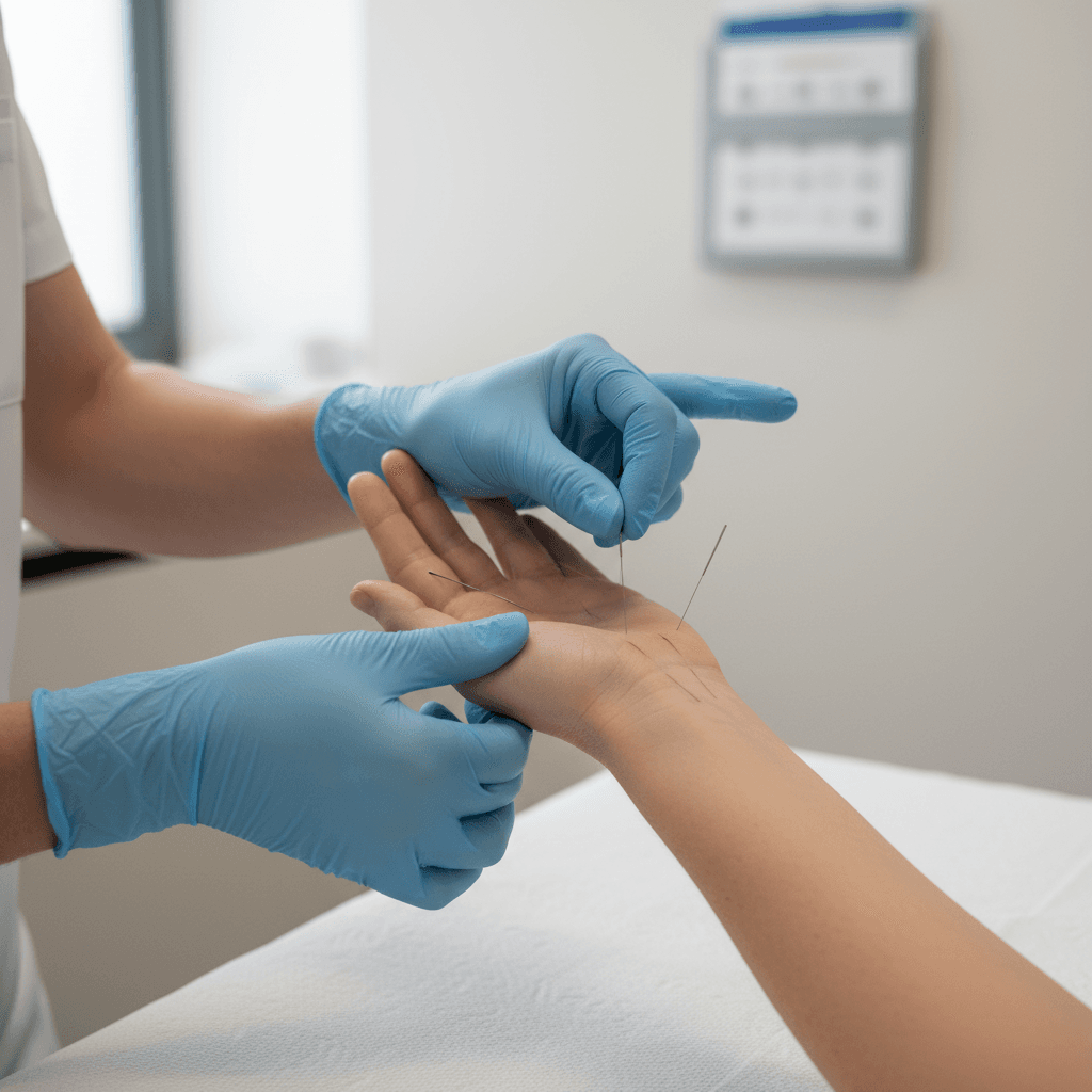 Therapist dry needling the fascia of a patient's wrist and palm