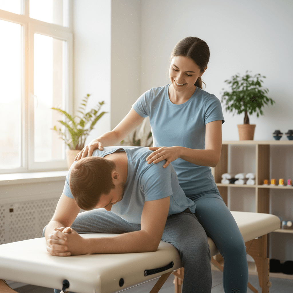 Practitioner guiding a patient through a back stretch