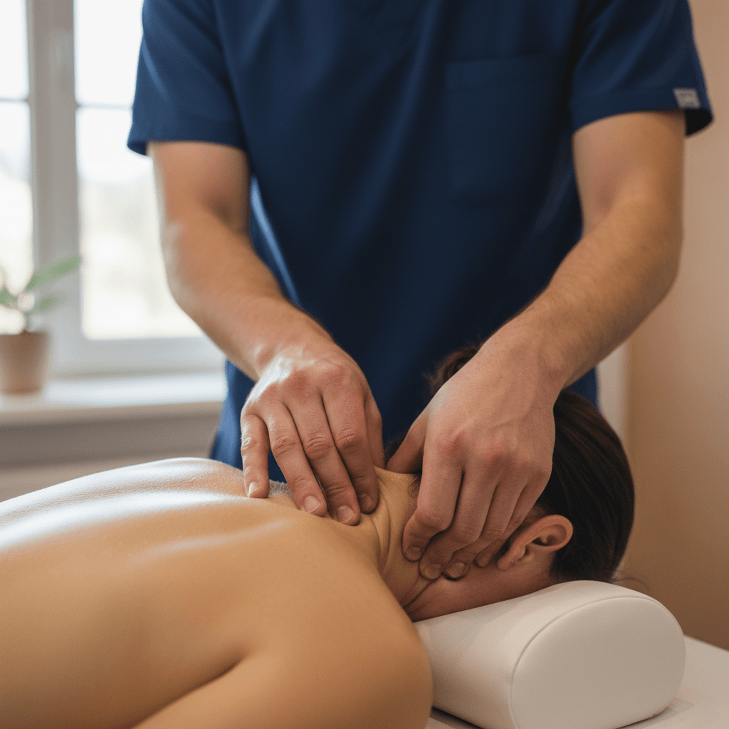 Manual myofascial release on a patient's neck