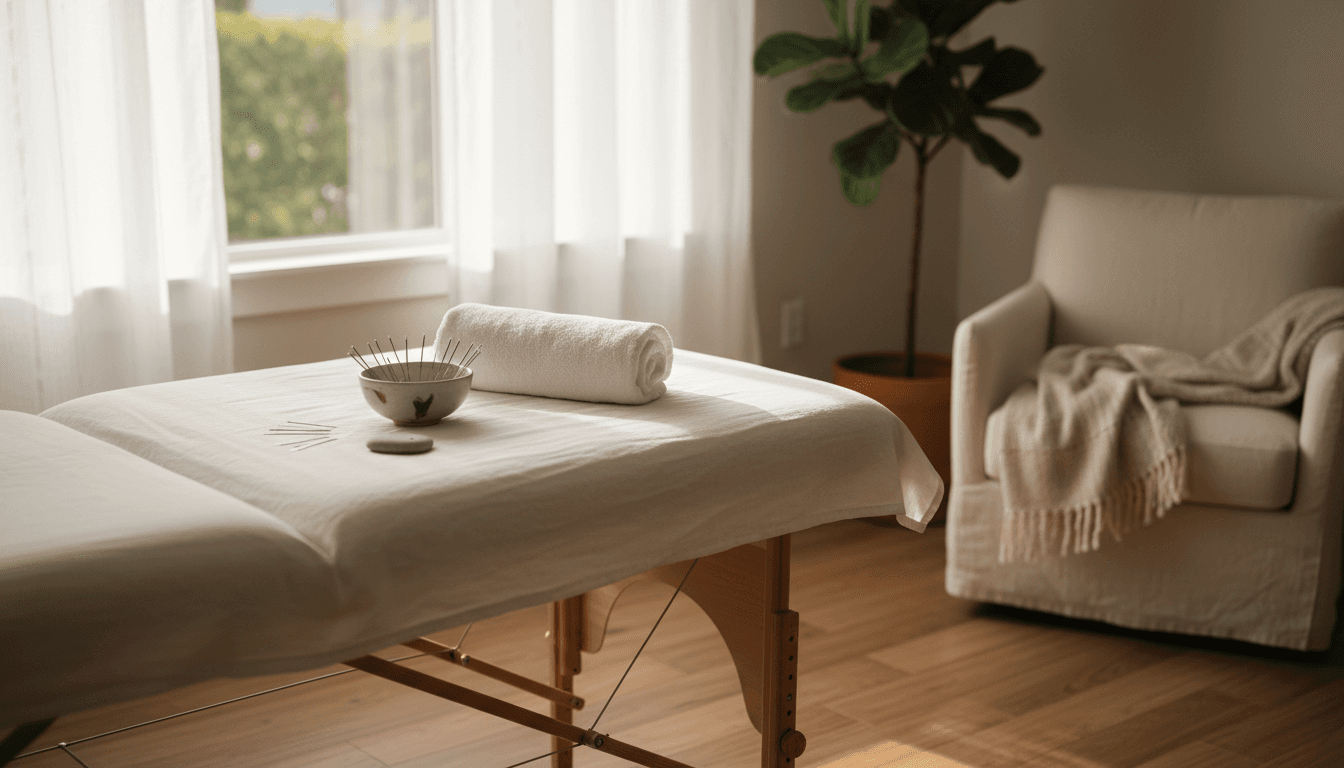 Cozy in-home acupuncture setup with treatment table and natural light in a Berthoud living room