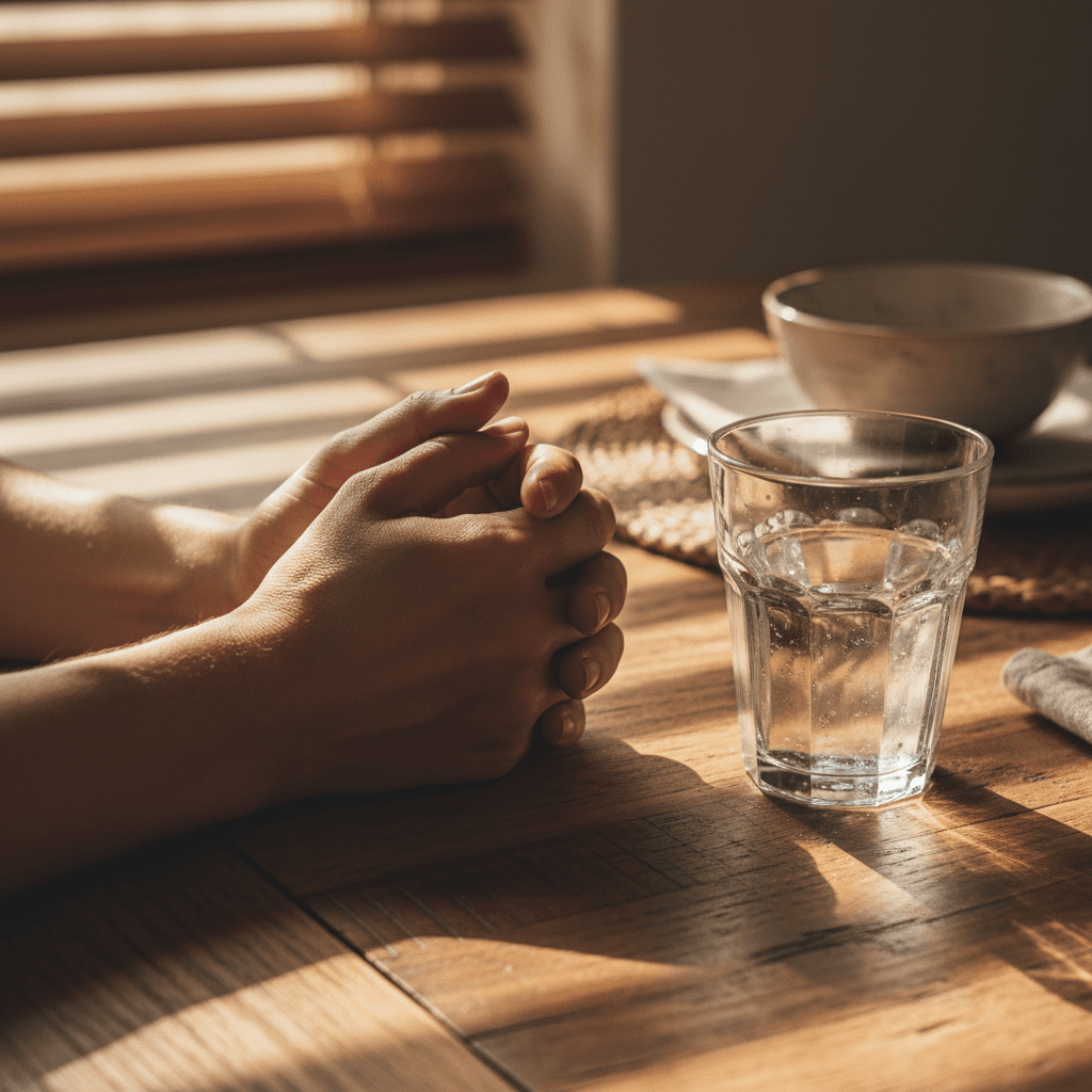 Hands resting on a wooden table in soft morning light