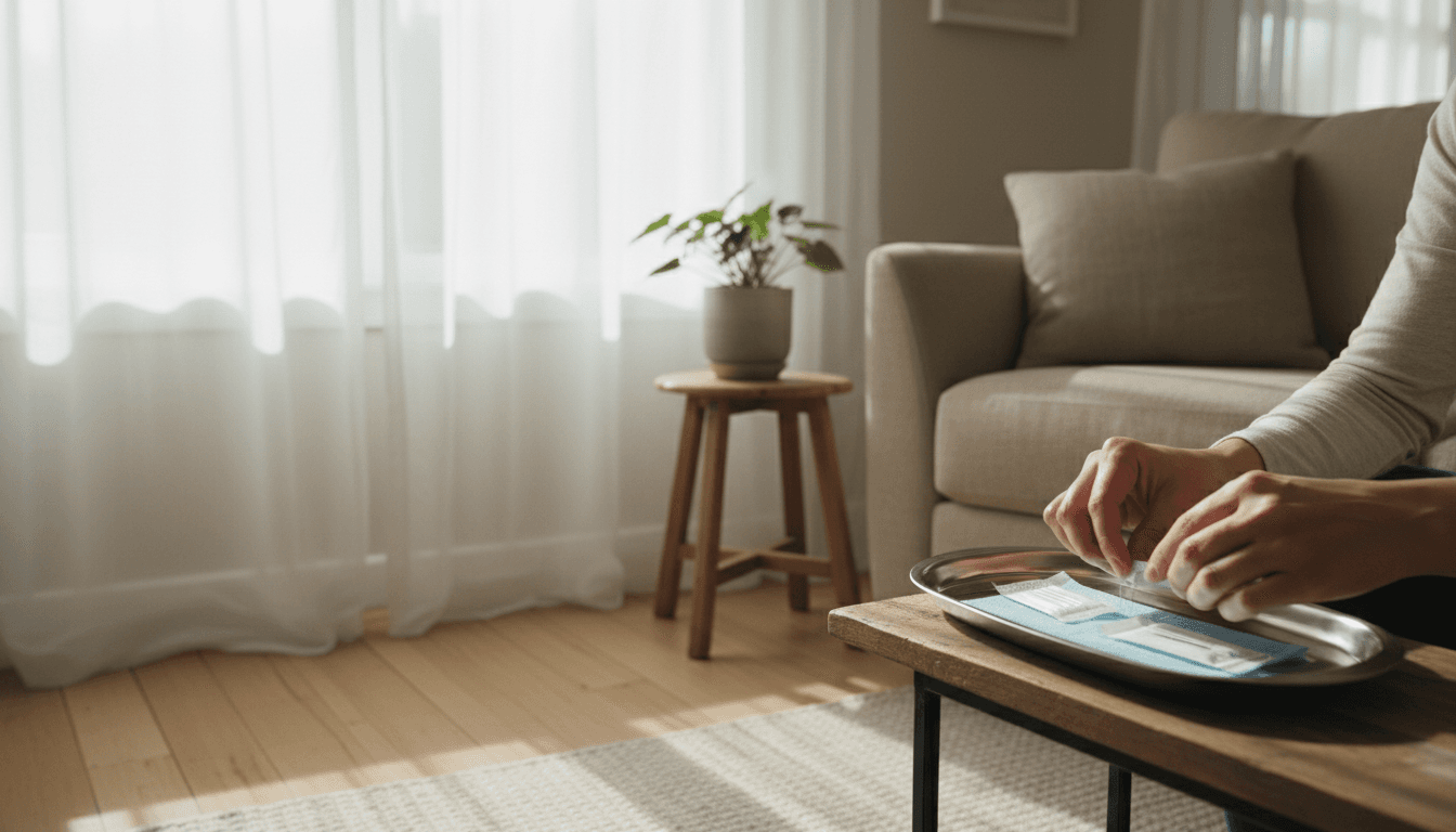 Acupuncture needles arranged on a sterile tray in a cozy home setting with natural light