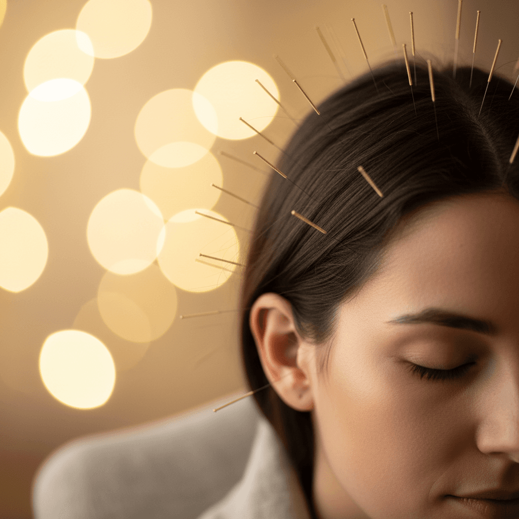 Acupuncture needles placed on a patient's scalp and behind the ear for migraine treatment