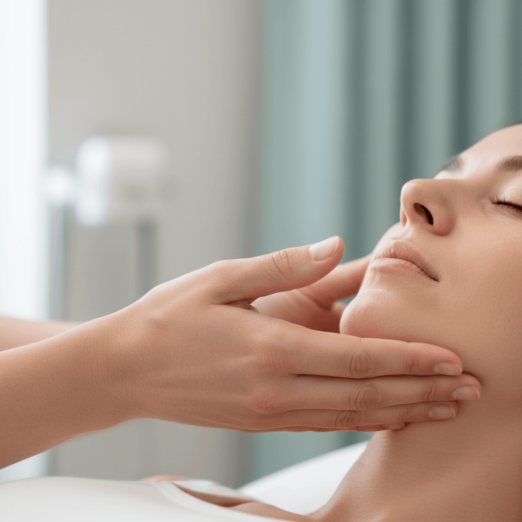 Therapist's hands gently supporting a patient's jaw for TMJ release