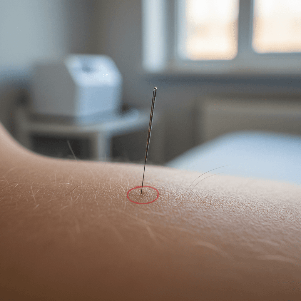 Close-up of an acupuncture needle being placed with precision into muscle tissue