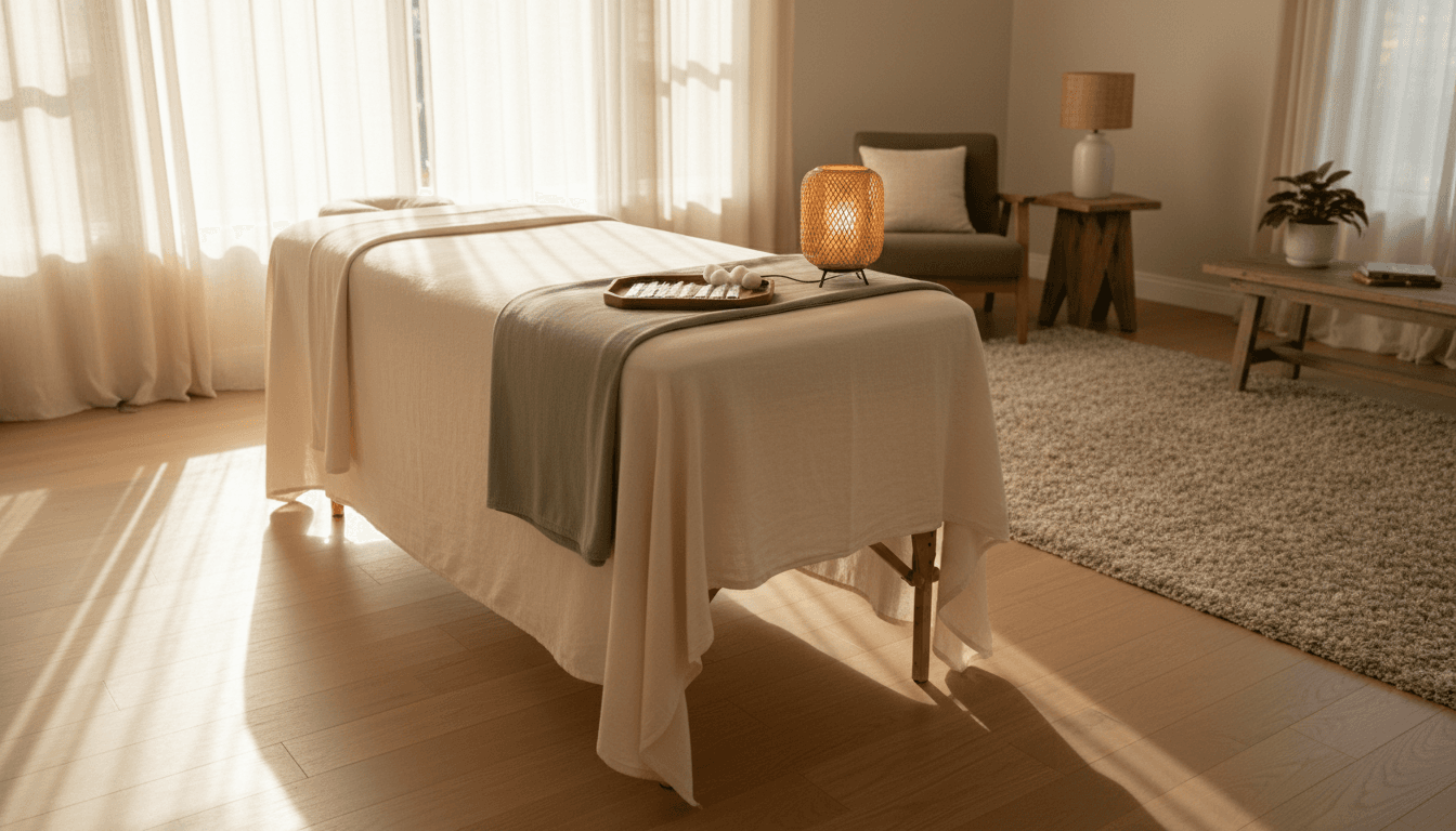 Mobile acupuncture treatment table set up in a bright, quiet home living room