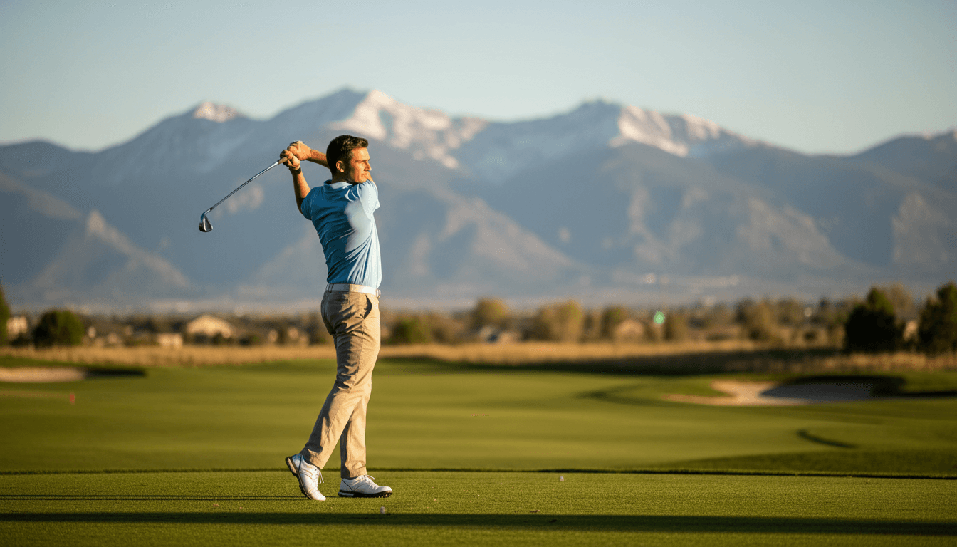 Golfer mid-swing on a Colorado fairway with mountains in the background