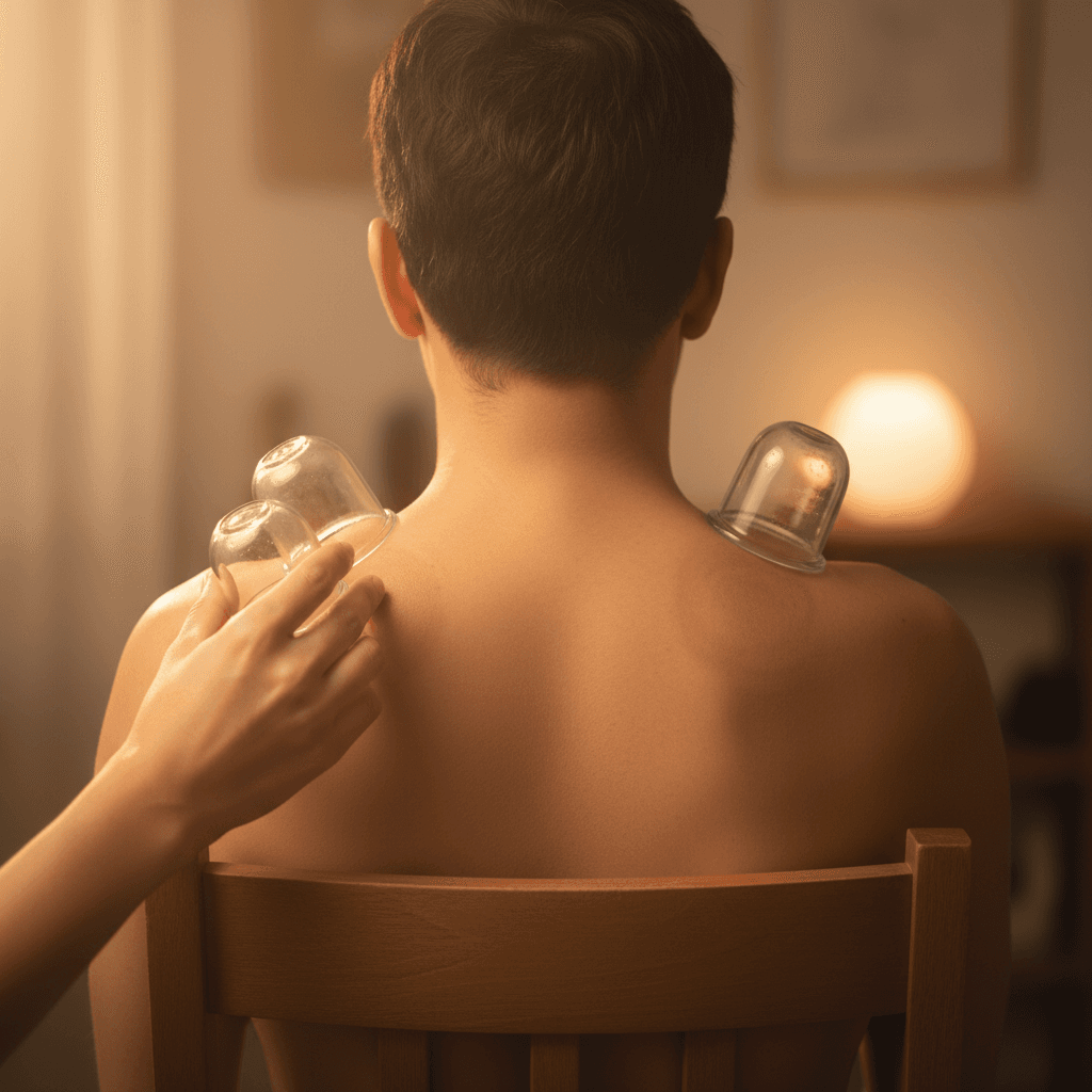 Cupping cups on upper back and shoulders for tension relief