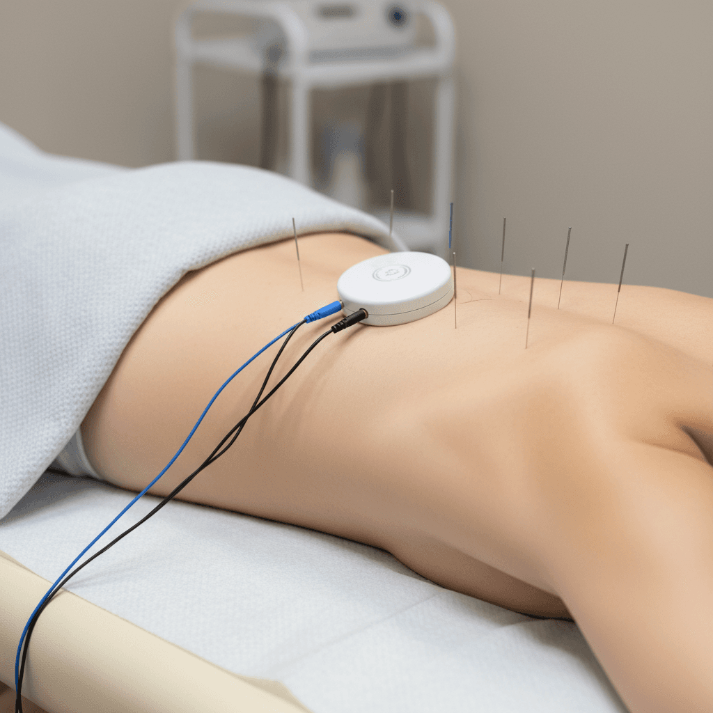 Electroacupuncture device connected to needles on patient's back