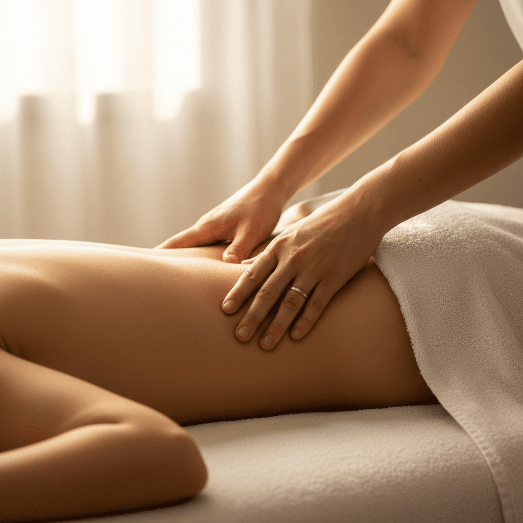Hands performing motor point therapy on a lower back
