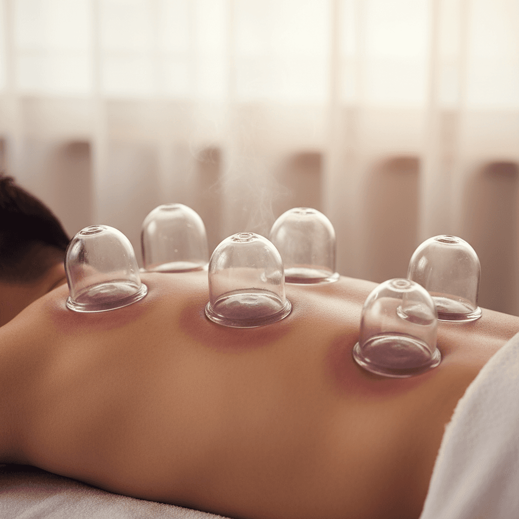Cupping therapy cups positioned on a patient's back during treatment