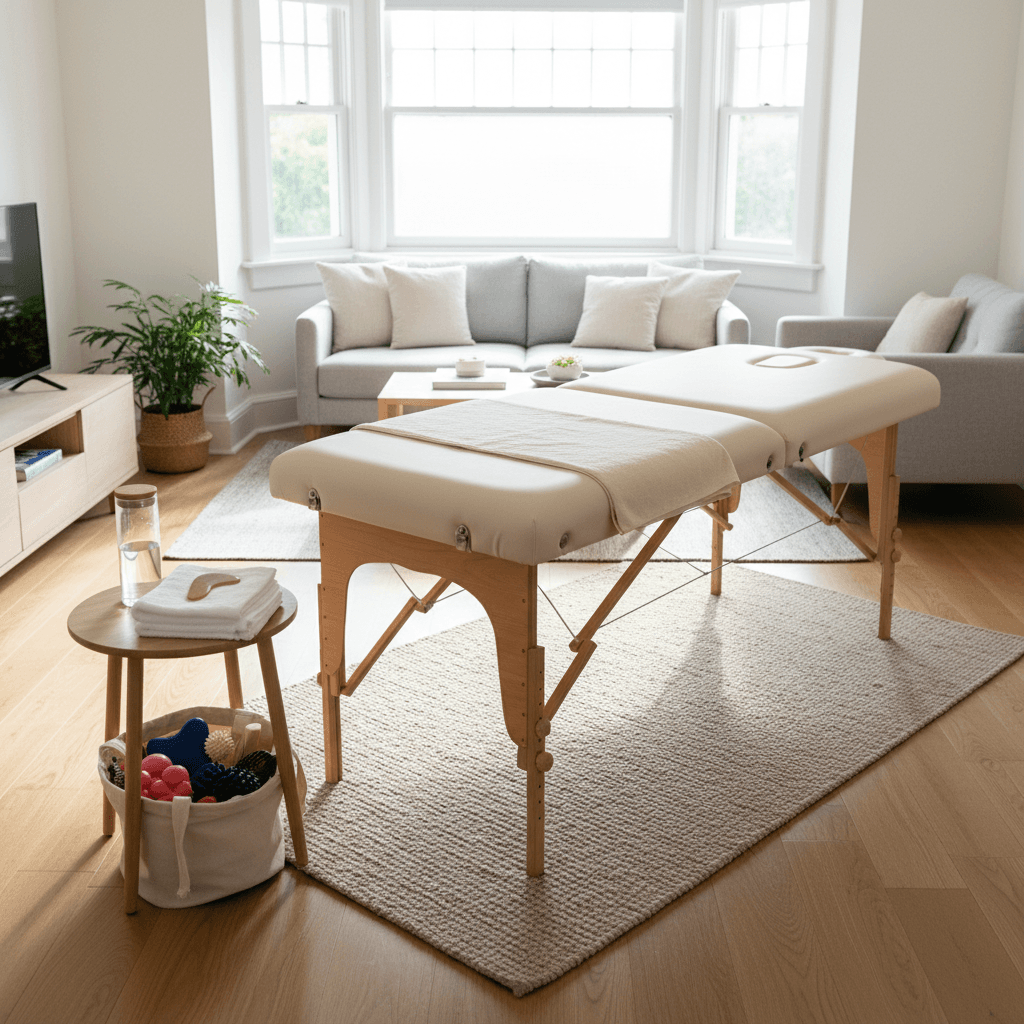 Portable treatment table set up in a bright living room
