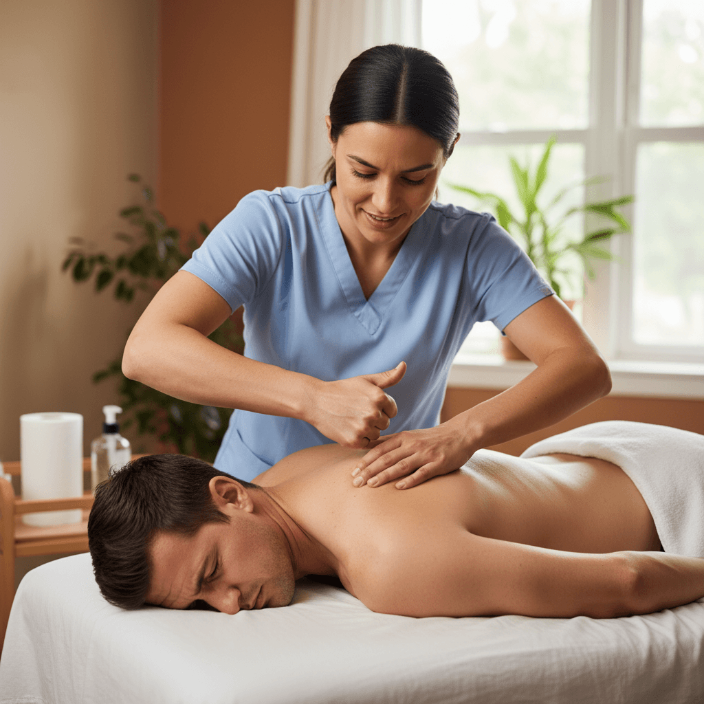 Therapist applying pressure to a trigger point on a patient's upper back