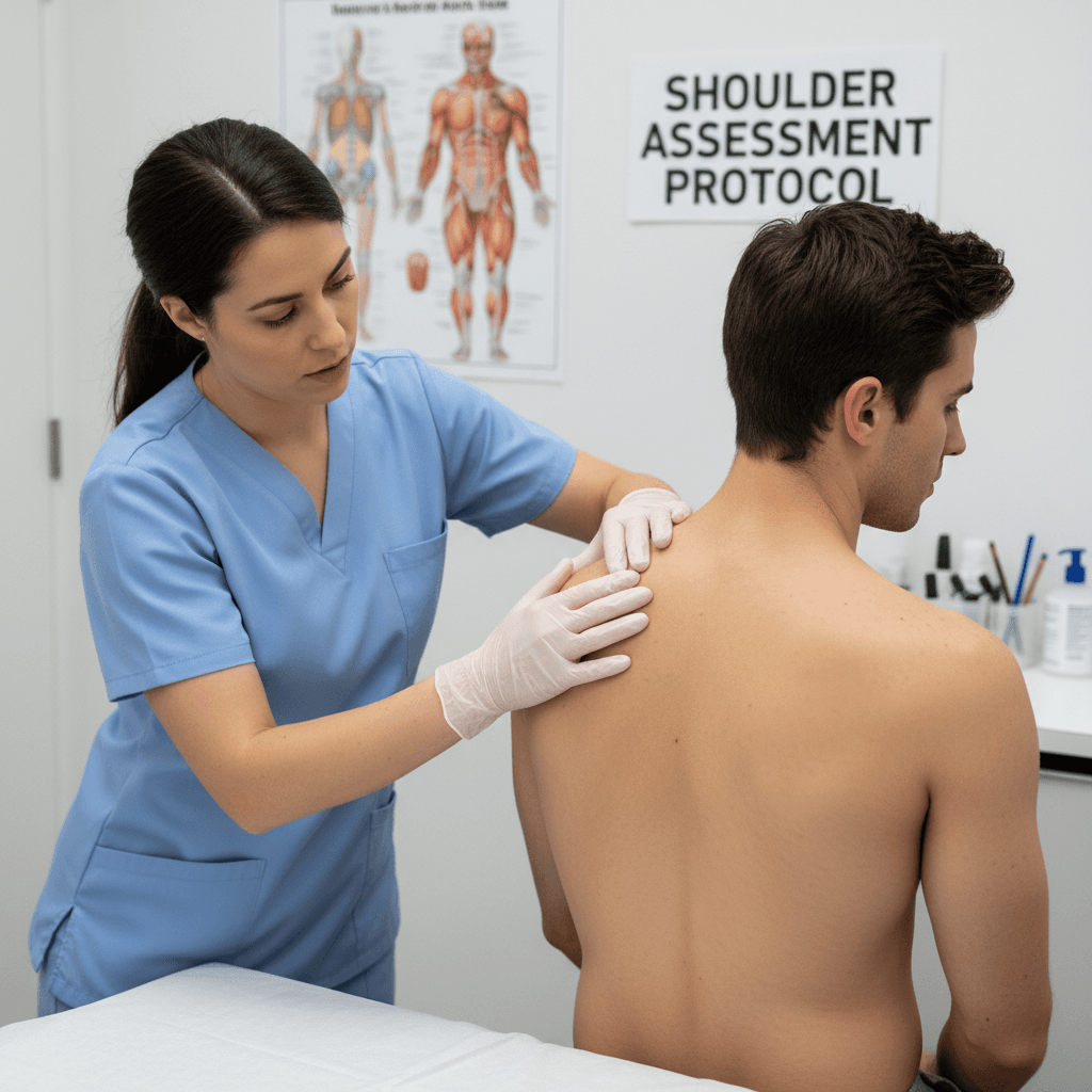 Therapist assessing shoulder muscle motor points during treatment