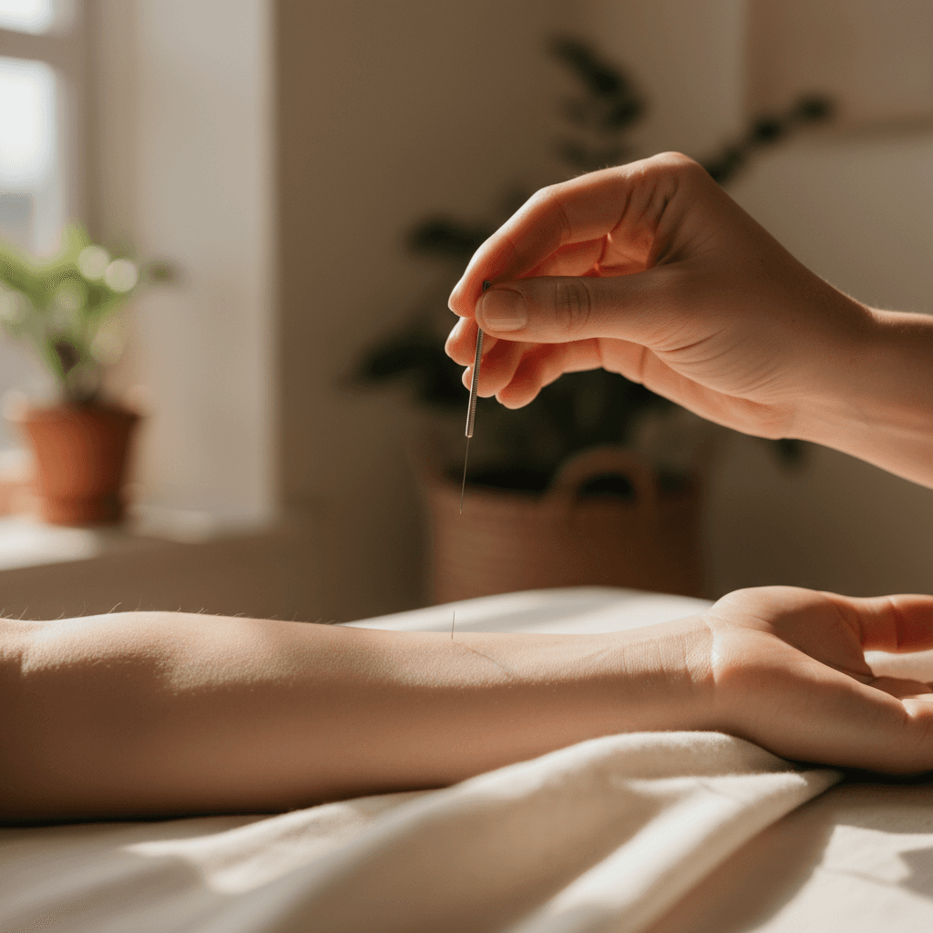 Acupuncture needle placement on forearm during treatment