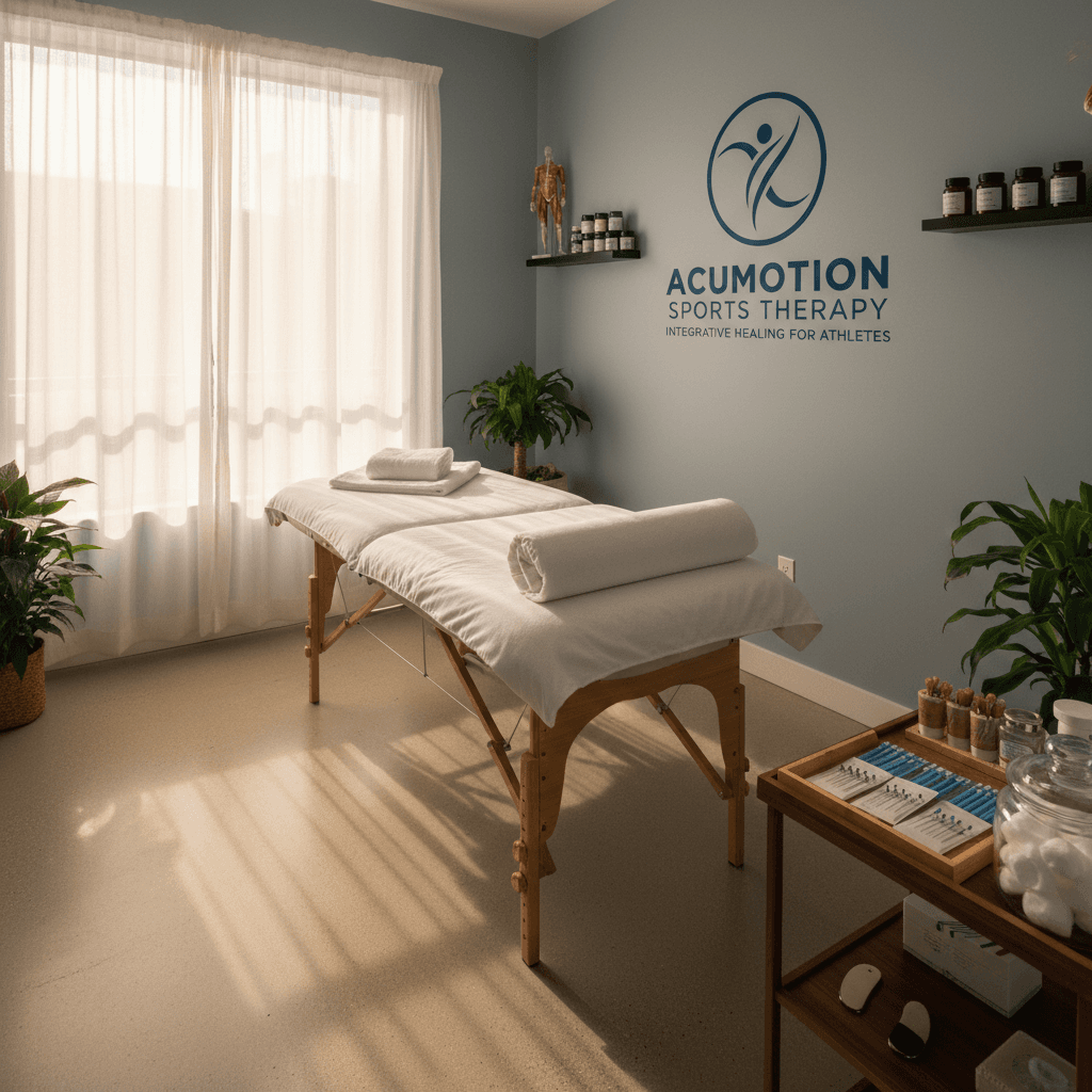 Warm, serene treatment room at Acumotion Sports Therapy with soft golden light, clinical yet inviting atmosphere for healing and pain relief