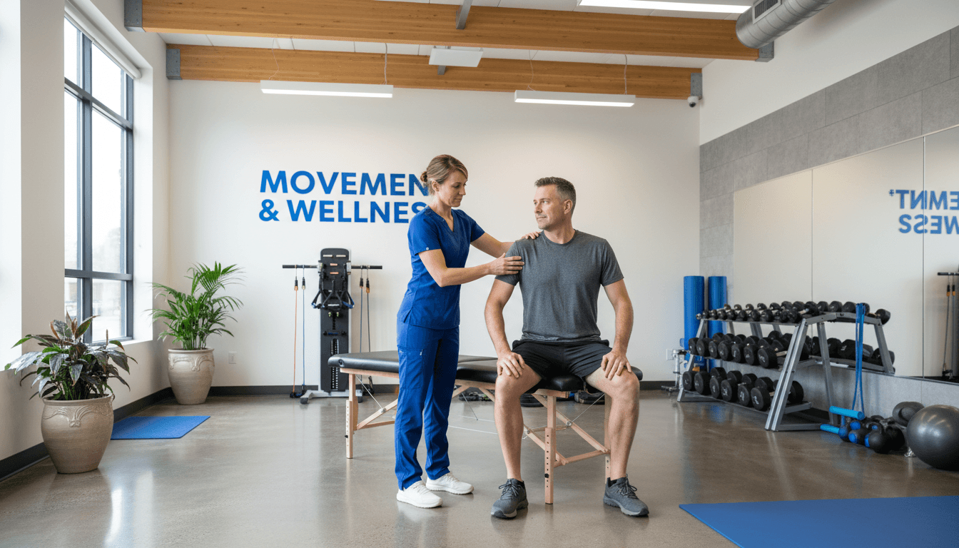 Doctor examining a patient's shoulder in a bright, modern clinic