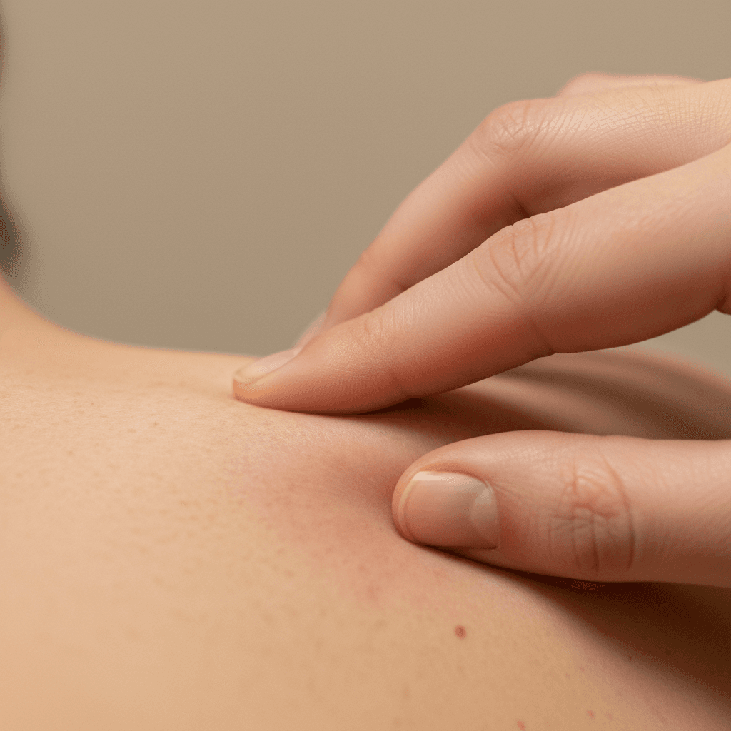 Close-up of fingers pressing into a knotted muscle band on a patient's back