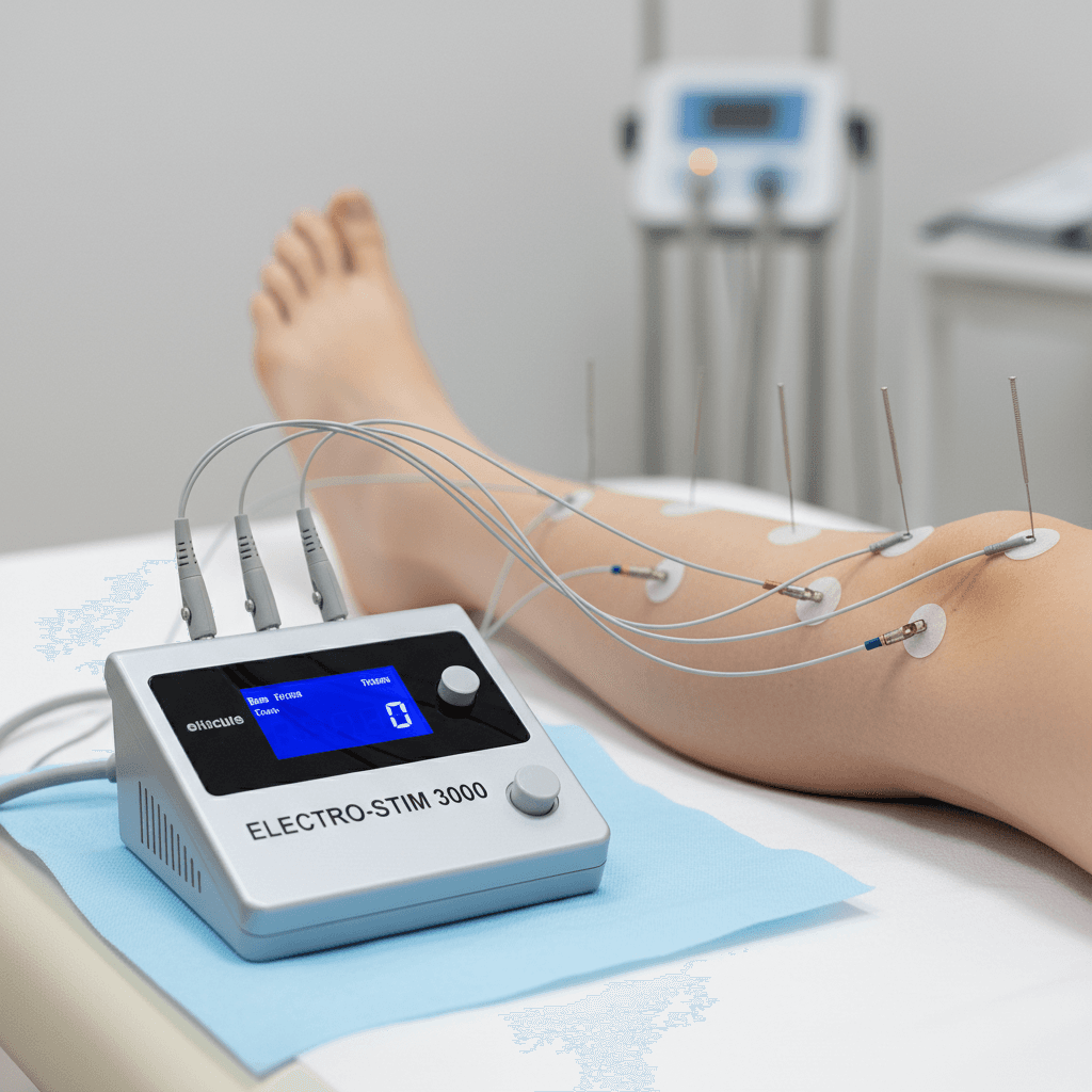 Electroacupuncture device connected to needles on a patient's leg during treatment