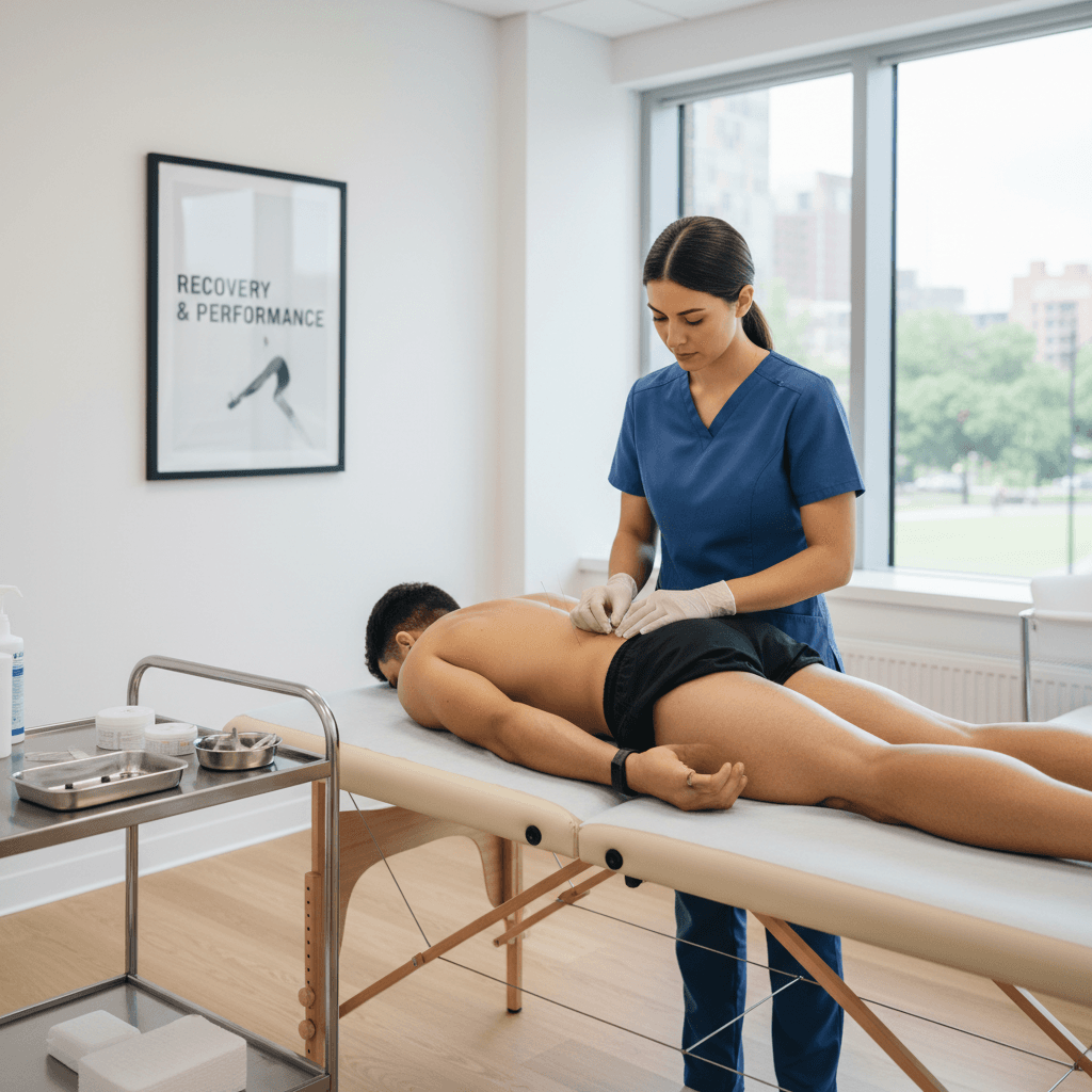 Athlete receiving dry needling on hamstring in treatment room