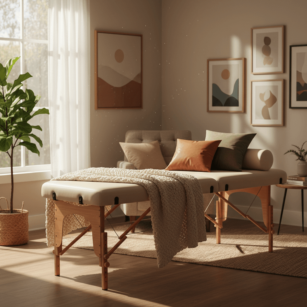 Portable acupuncture table set up in a living room for mobile treatment