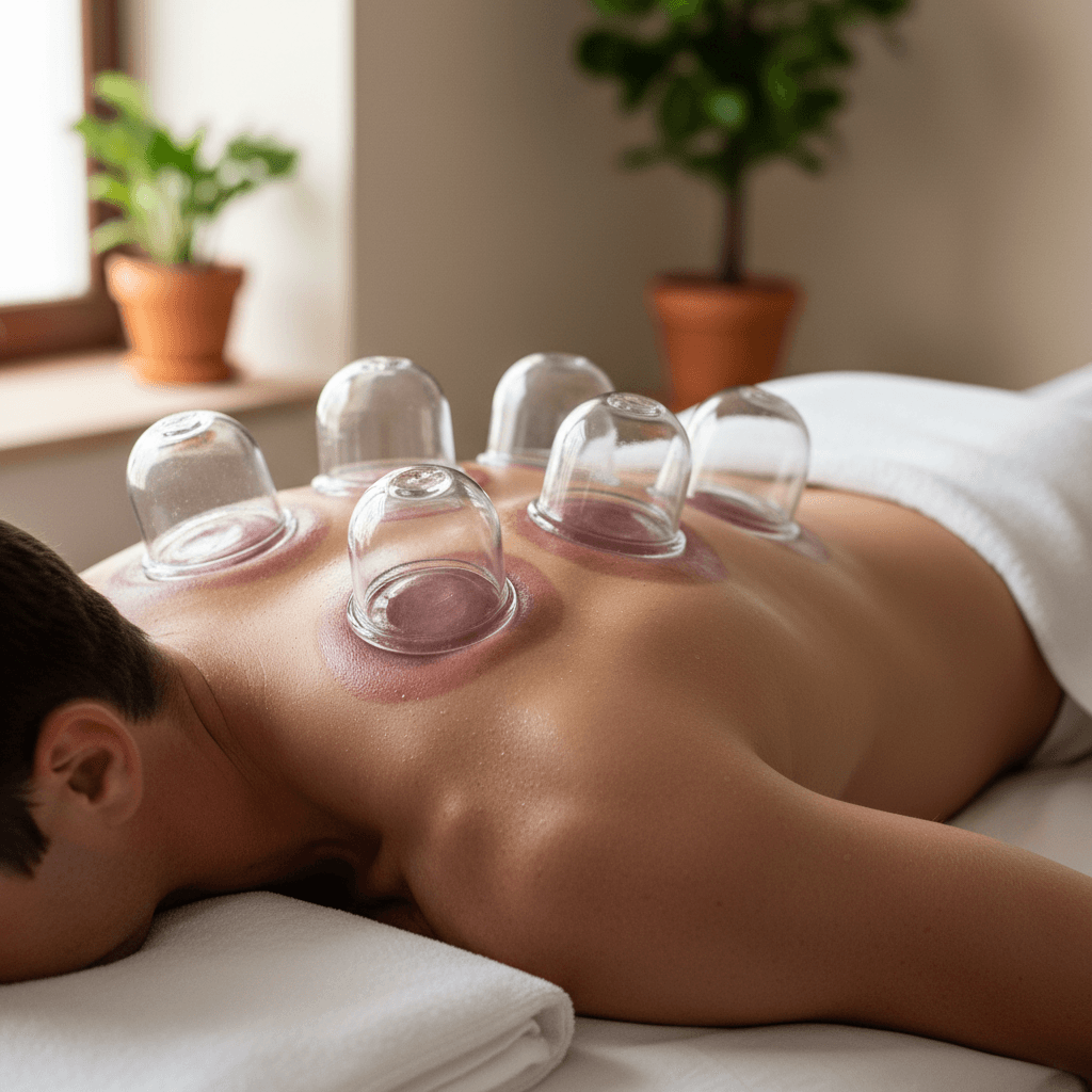 Cupping therapy glass cups placed along a patient's upper back and shoulders