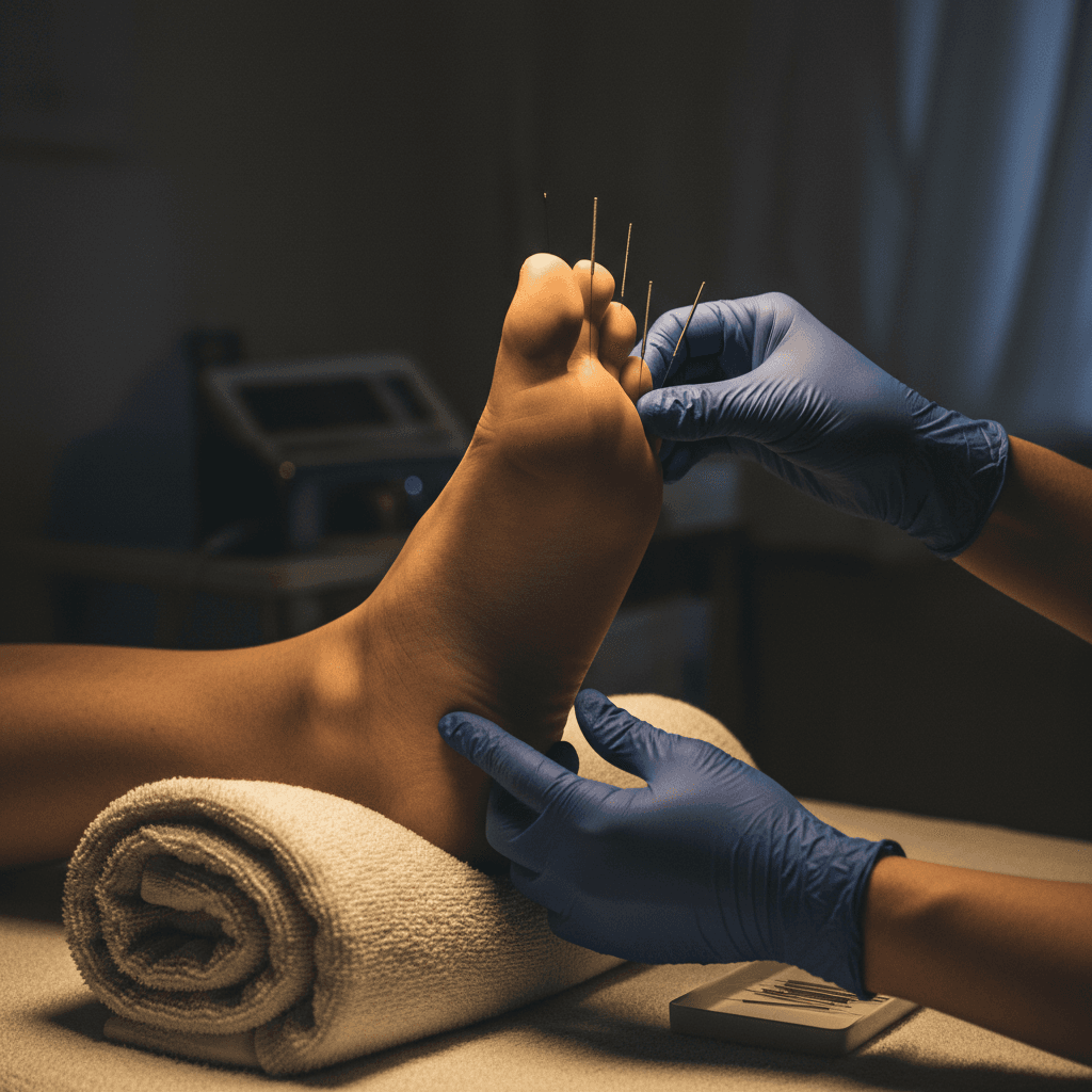 Acupuncture needles placed into the arch of a foot for plantar fasciitis treatment