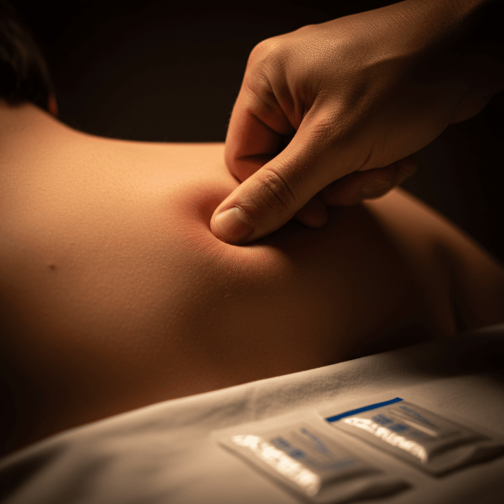 Close-up of manual trigger point release on patient's back