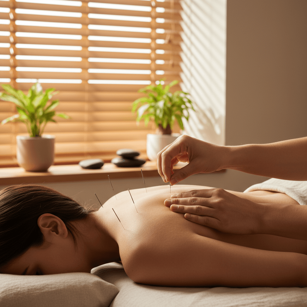 Acupuncture needles inserted at motor points on a patient's shoulder