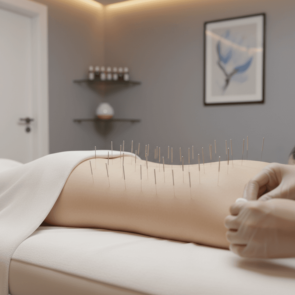 Acupuncture needles in lower back during dry needling session