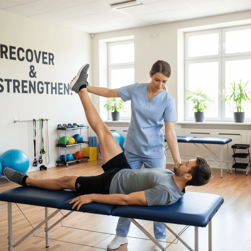 Therapist guiding a patient through a stretching exercise in a bright clinic