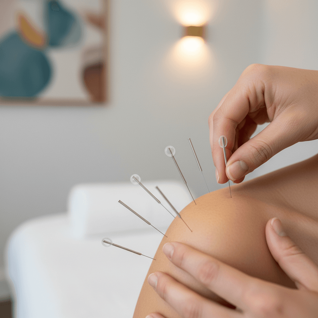 Practitioner inserting acupuncture needles into patient's shoulder