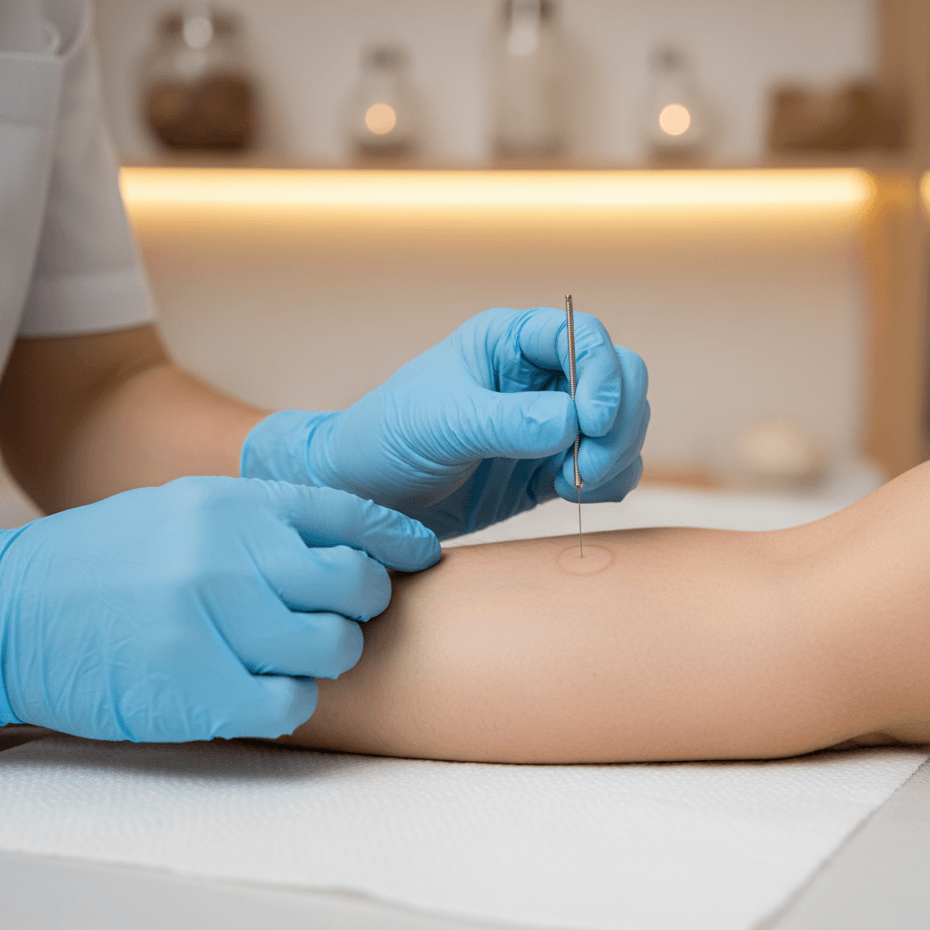 Practitioner guiding a thin needle into a patient's forearm muscle