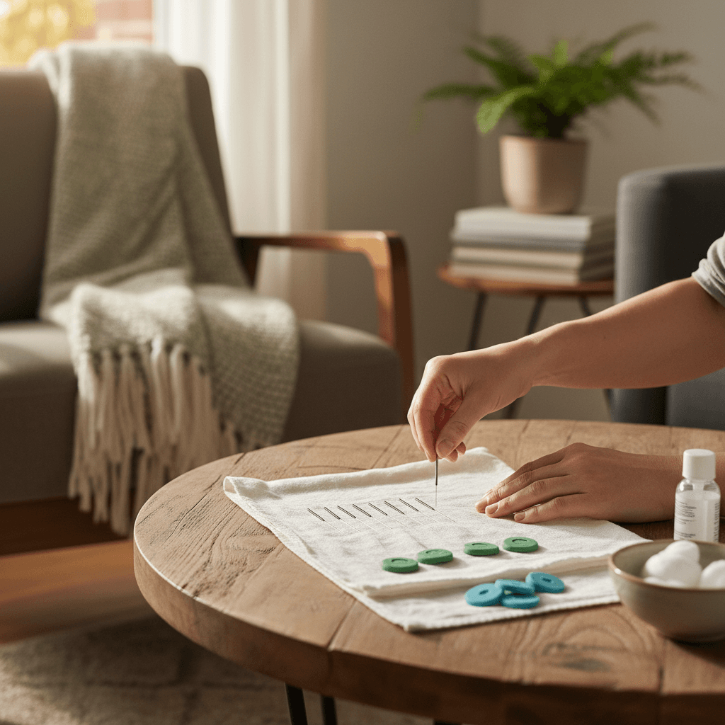 Acupuncture needles arranged on a cloth tray in a home setting