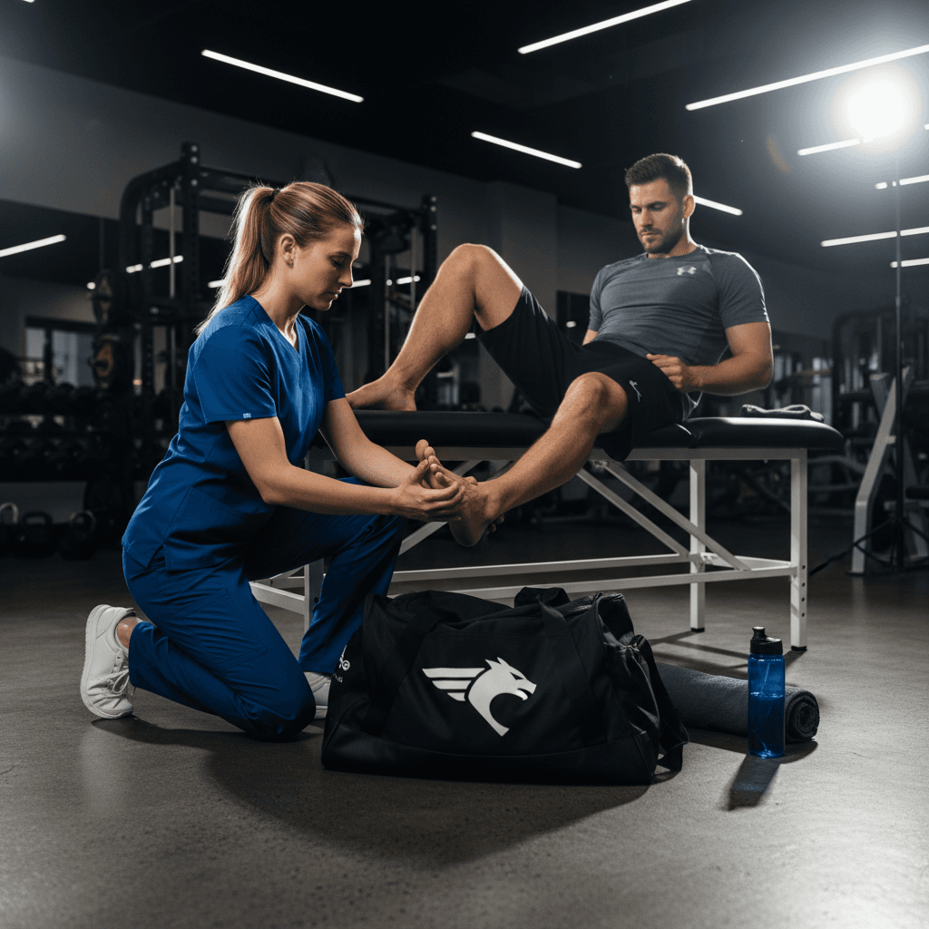 Athlete lying on a treatment table with therapist examining a lower leg injury