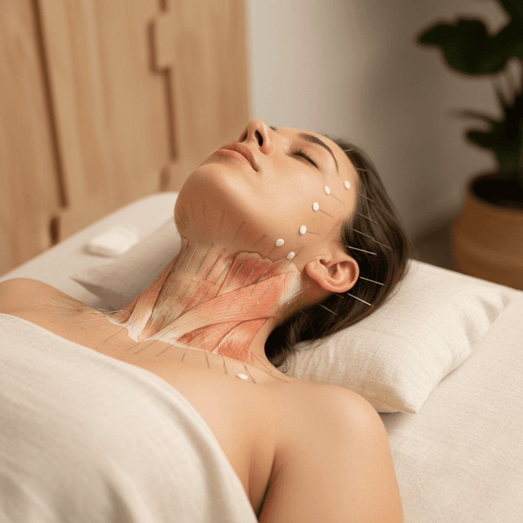 Acupuncture needles on a patient's neck and shoulders