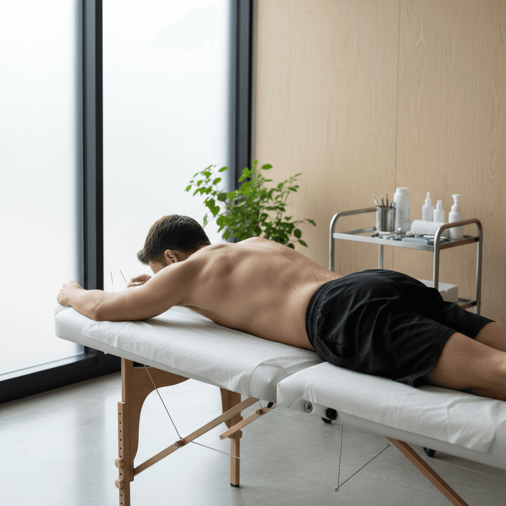 Athlete receiving acupuncture treatment on forearm and lower back