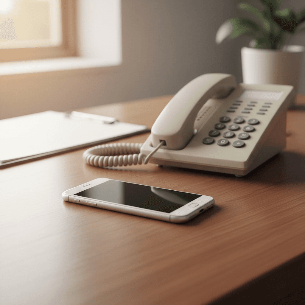 Smartphone and landline phone on a wooden desk