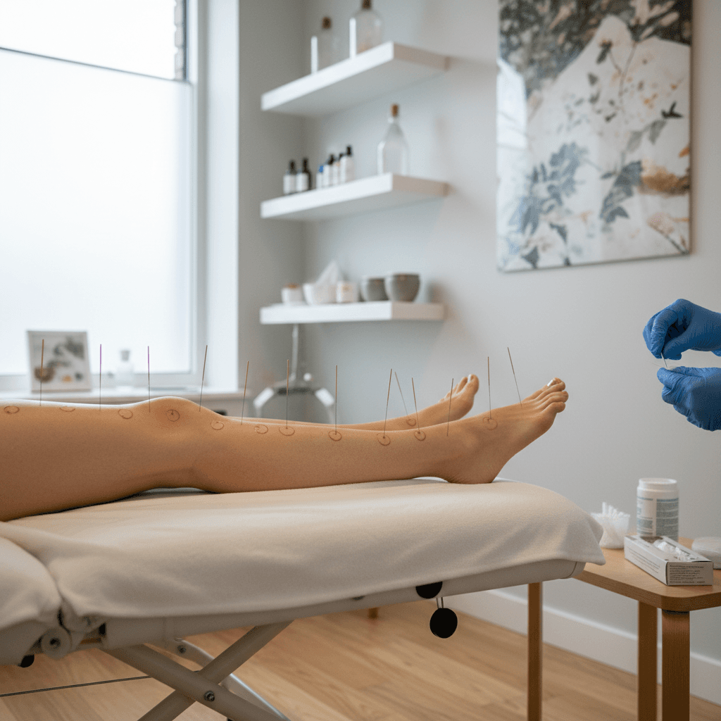 acupuncture needles being applied to patient's leg in modern treatment room