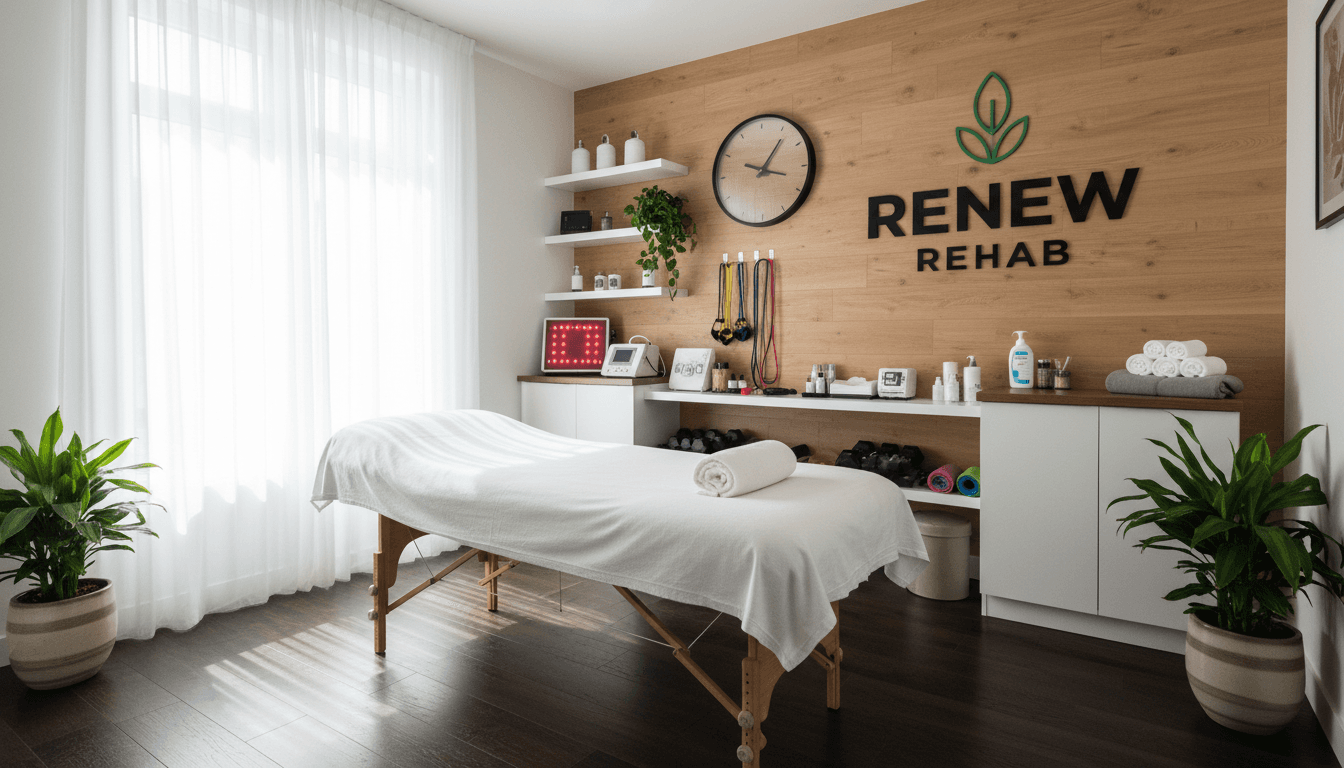 A clean treatment table in a sunlit sports therapy clinic room